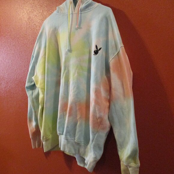 Playboy Men Large Blue Red Yellow Tie Dye Warm Long Sleeve Pullover Hoodie - Picture 4 of 8
